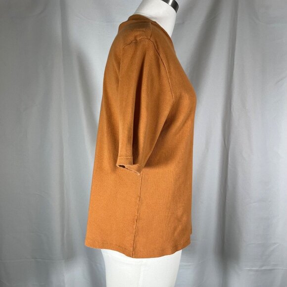 MAEVE Anthropologie Ribbed Shirt Short Sleeve Sweater Women Sz Large Camel Brown - Picture 10 of 11